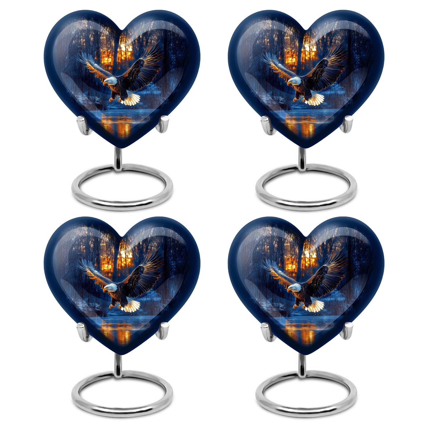 Celestial Blue Eagle Cremation Urn angled view of lid and engraved motif - loving heart memorial featuring eagle pattern - 10 inch aluminum urn for cremated remains
