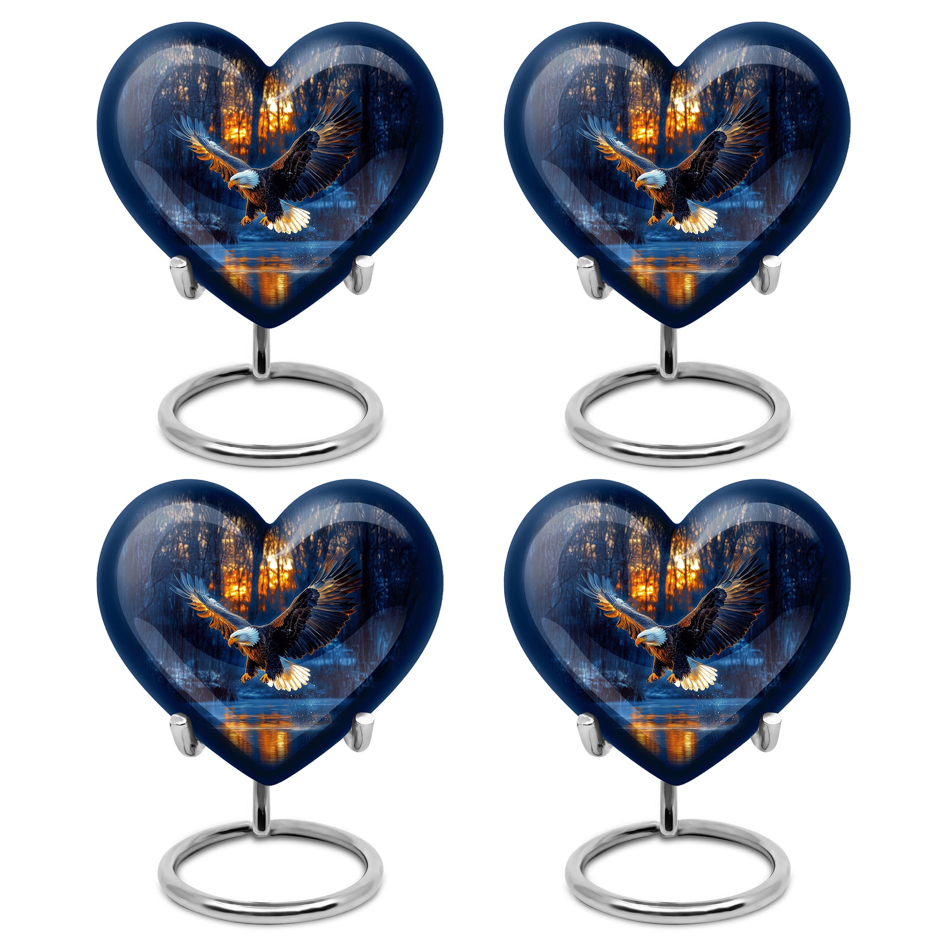 Celestial Blue Eagle Cremation Urn angled view of lid and engraved motif - loving heart memorial featuring eagle pattern - 10 inch aluminum urn for cremated remains