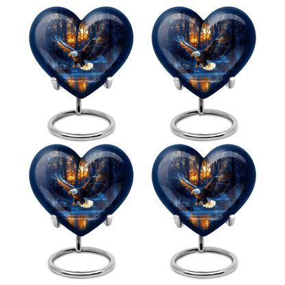 Celestial Blue Eagle Cremation Urn angled view of lid and engraved motif - loving heart memorial featuring eagle pattern - 10 inch aluminum urn for cremated remains