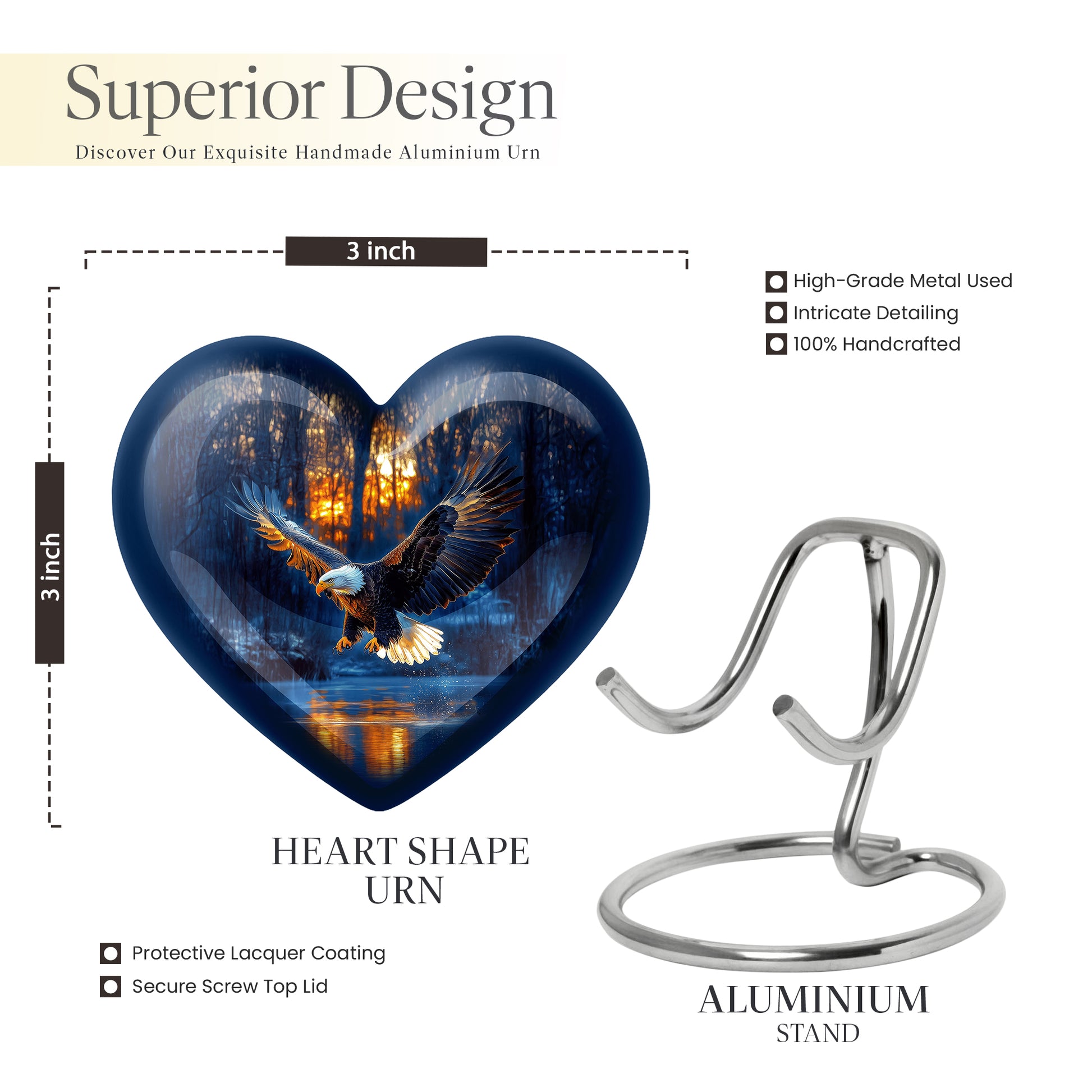Calming Blue Eagle Cremation Urn front view showing detailed design - compassionate heart-eagle combination with gentle curves - mini keepsake memorial for portion of cremation ashes