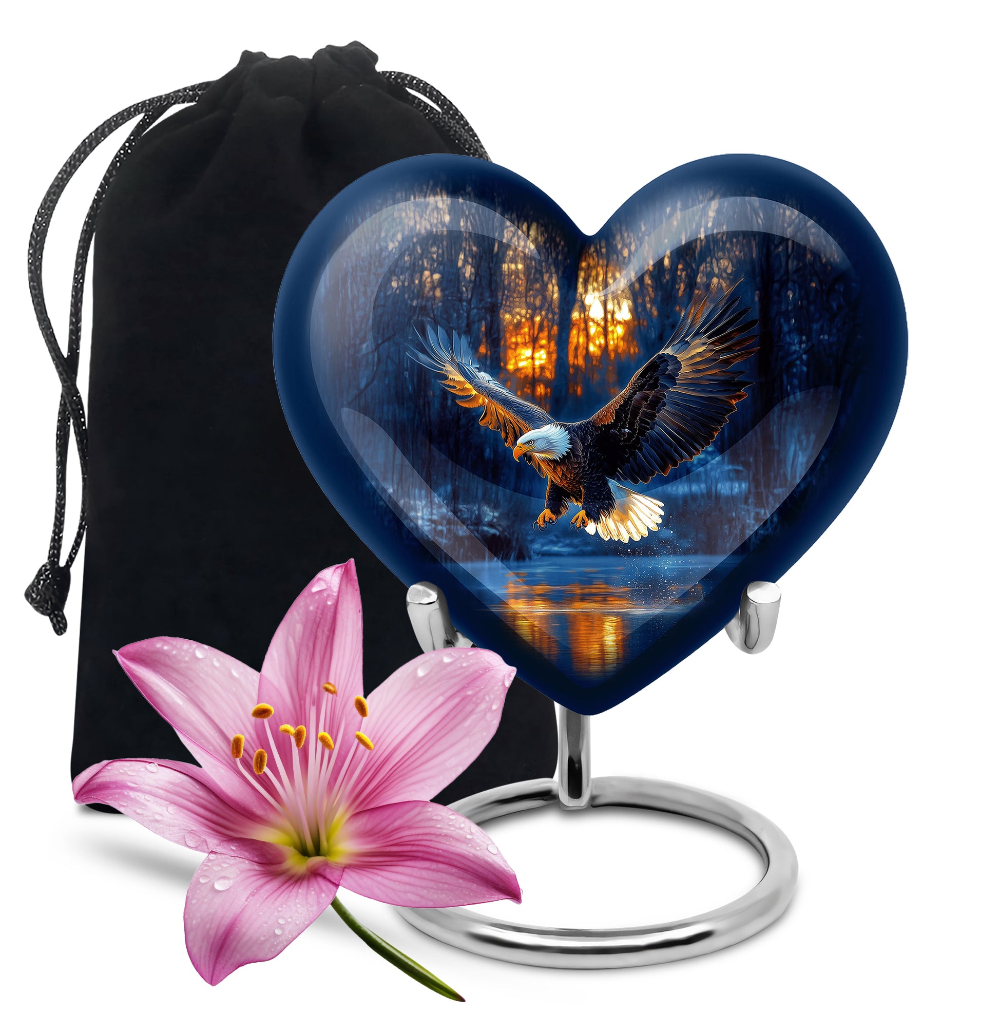 Pastel Blue Eagle Cremation Urn detail view - heart-shaped eagle design symbolizing eternal love - full-size 10 inch 200 cubic inch adult cremation urn
