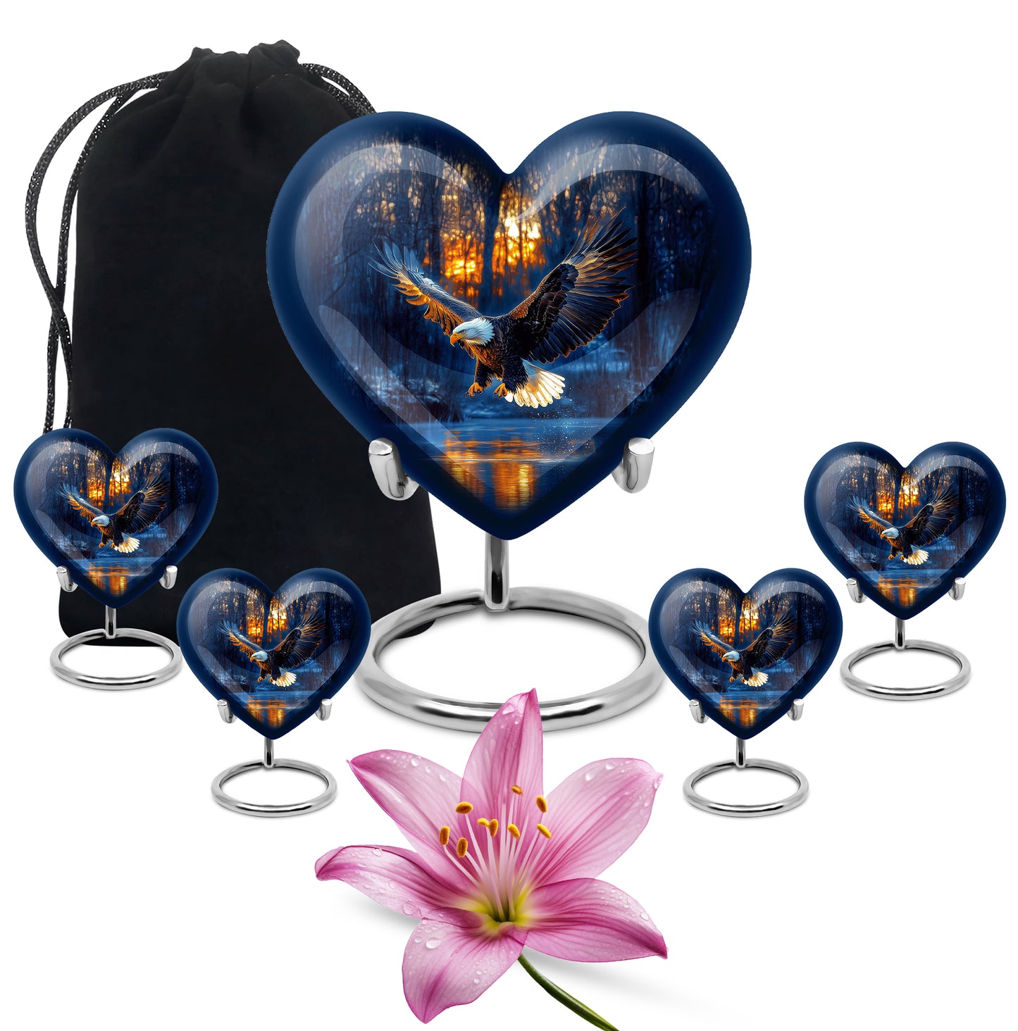 Indigo Eagle Cremation Urn close-up of engraving and surface detail - heart-shaped eagle design symbolizing eternal love - memorial set with one large and four small urns