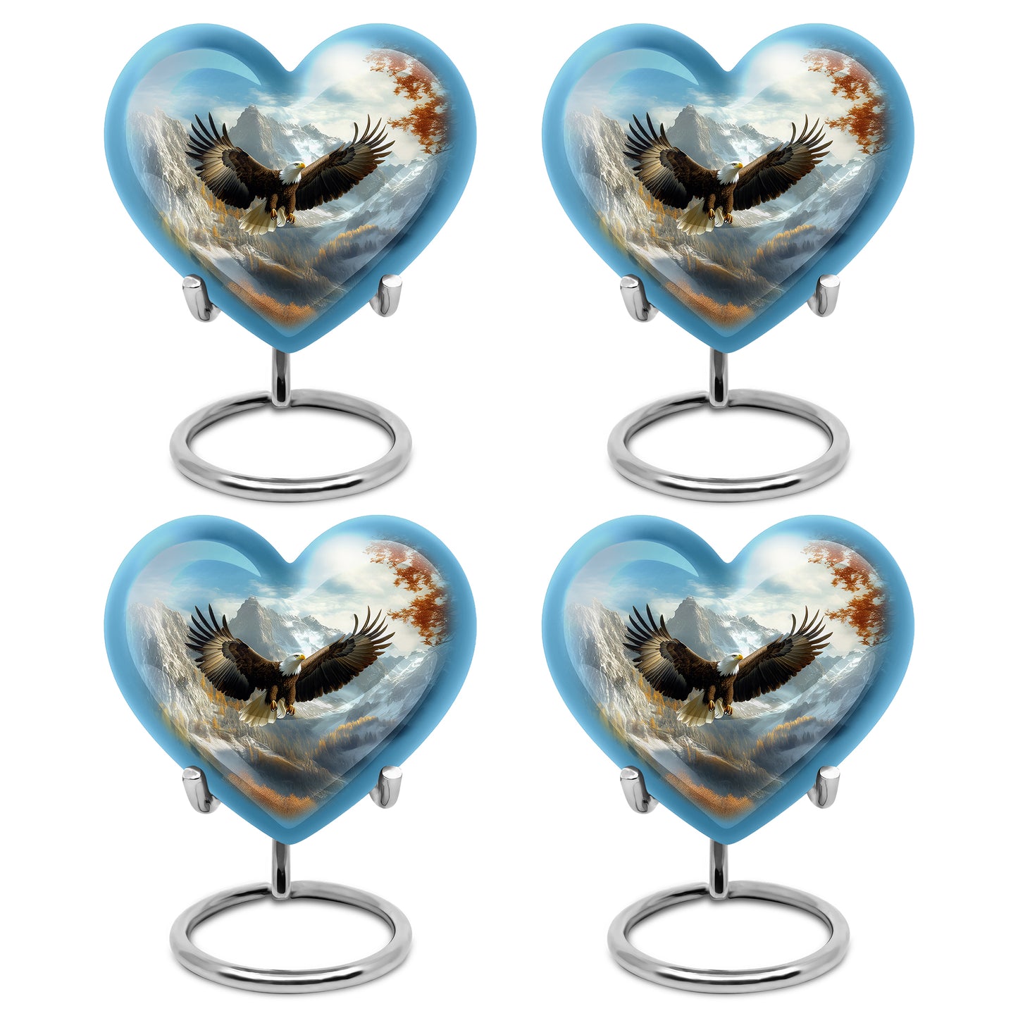 Vivid Blue Eagle Cremation Urn angled view of lid and engraved motif - romantic heart urn with eagle motif on aluminum - 10 inch aluminum urn for cremated remains