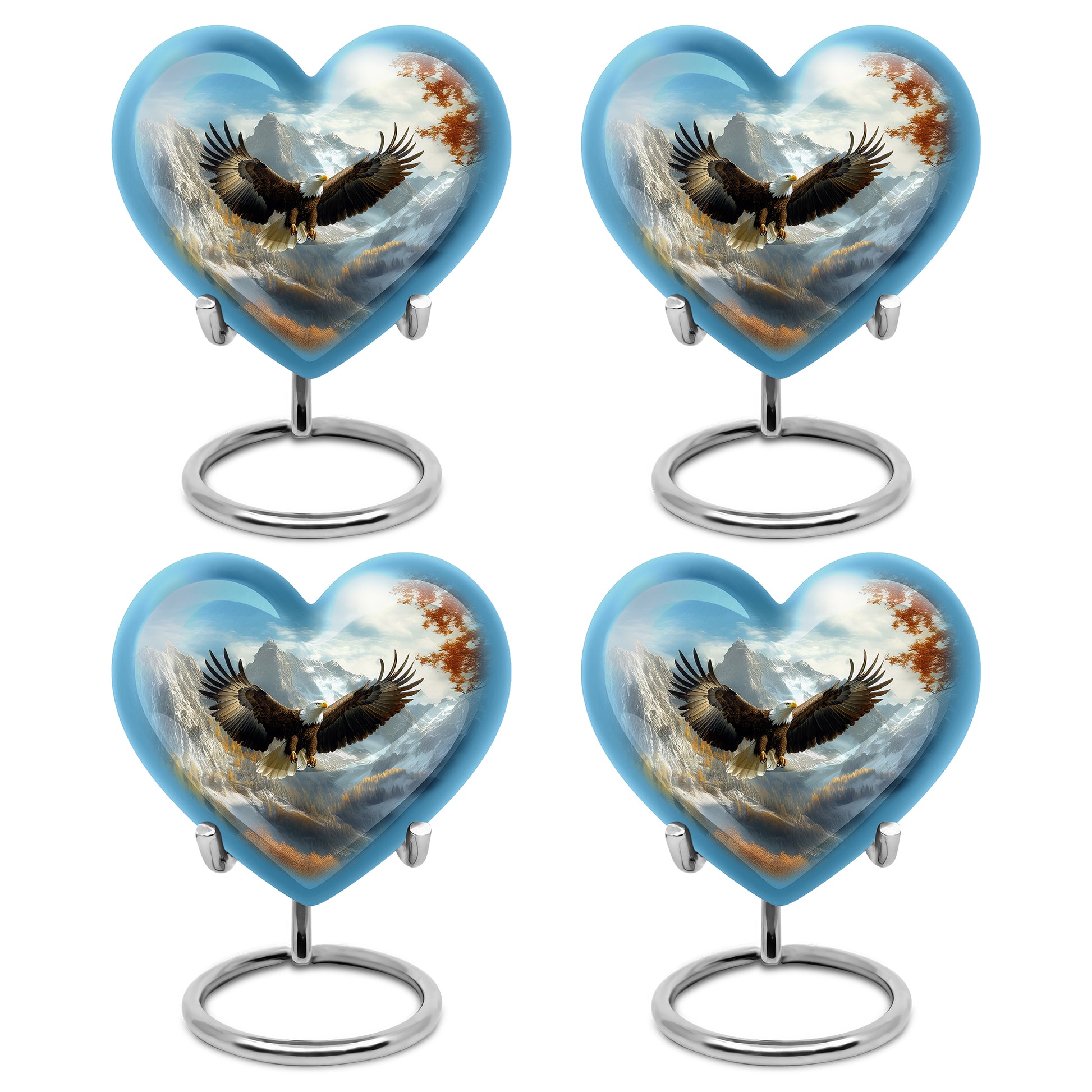 Vivid Blue Eagle Cremation Urn angled view of lid and engraved motif - romantic heart urn with eagle motif on aluminum - 10 inch aluminum urn for cremated remains