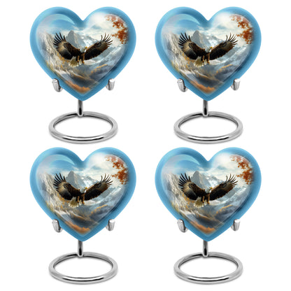 Vivid Blue Eagle Cremation Urn angled view of lid and engraved motif - romantic heart urn with eagle motif on aluminum - 10 inch aluminum urn for cremated remains