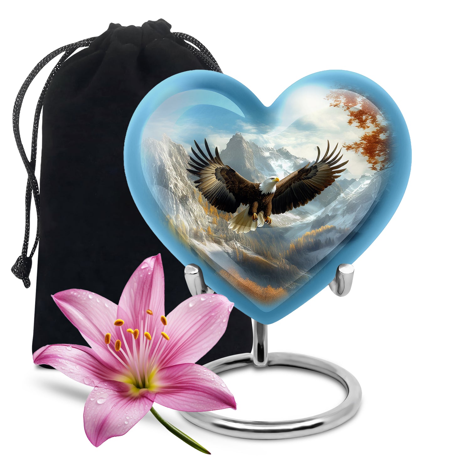 Twilight Blue Eagle Cremation Urn detail view - compassionate heart-eagle combination with gentle curves - full-size 10 inch 200 cubic inch adult cremation urn