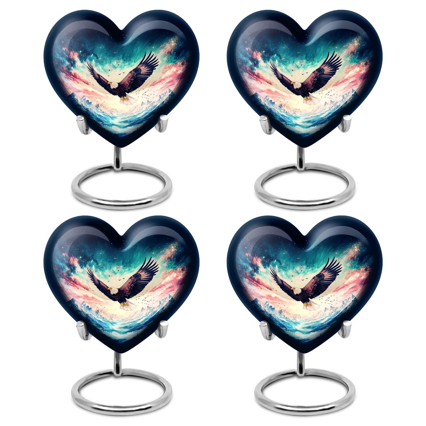 Soft Blue Eagle Cremation Urn angled view of lid and engraved motif - compassionate heart-eagle combination with gentle curves - 10 inch aluminum urn for cremated remains