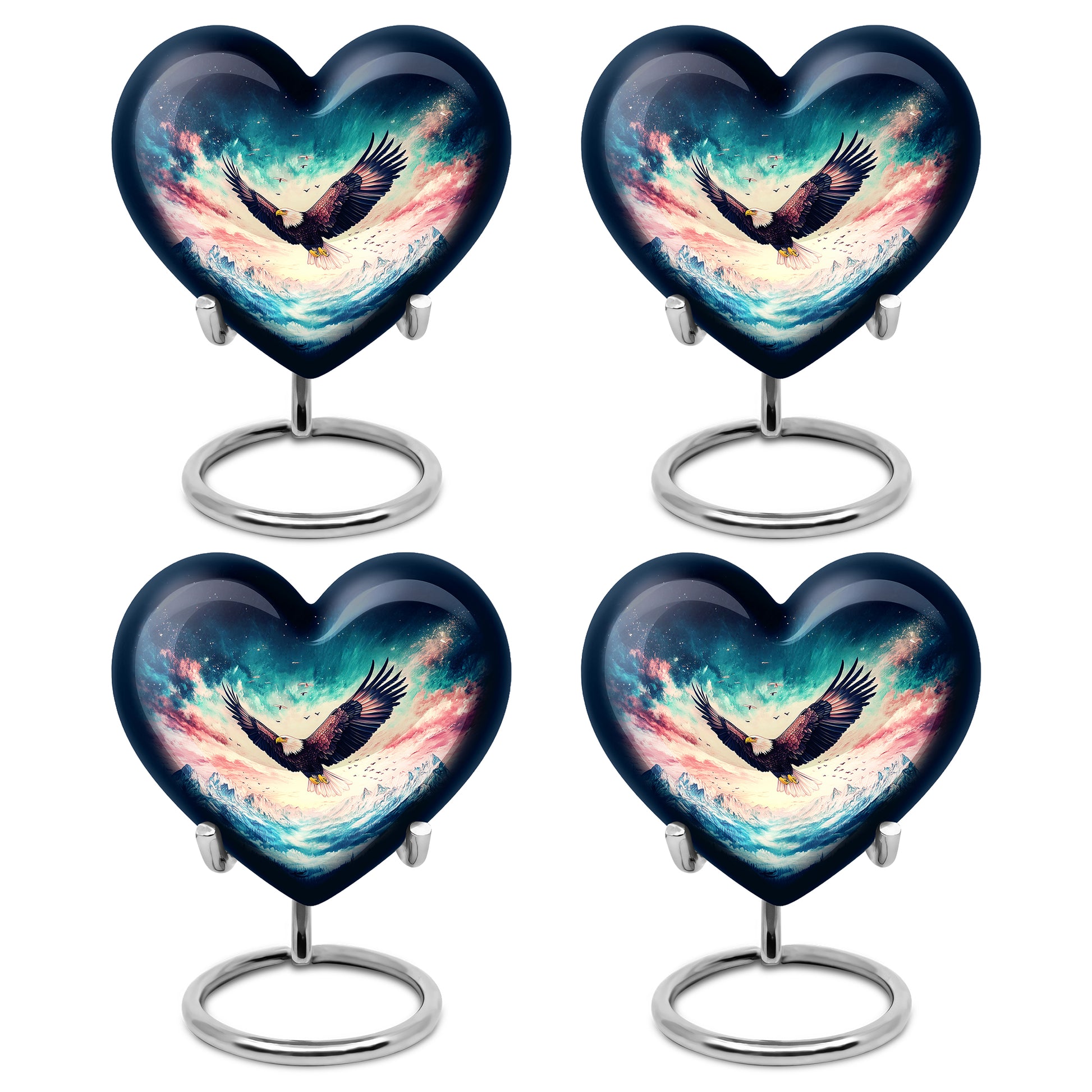 Soft Blue Eagle Cremation Urn angled view of lid and engraved motif - compassionate heart-eagle combination with gentle curves - 10 inch aluminum urn for cremated remains