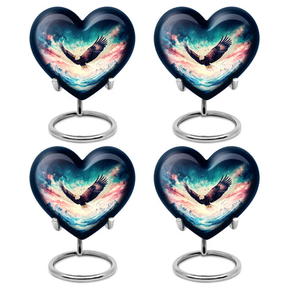 Soft Blue Eagle Cremation Urn angled view of lid and engraved motif - compassionate heart-eagle combination with gentle curves - 10 inch aluminum urn for cremated remains