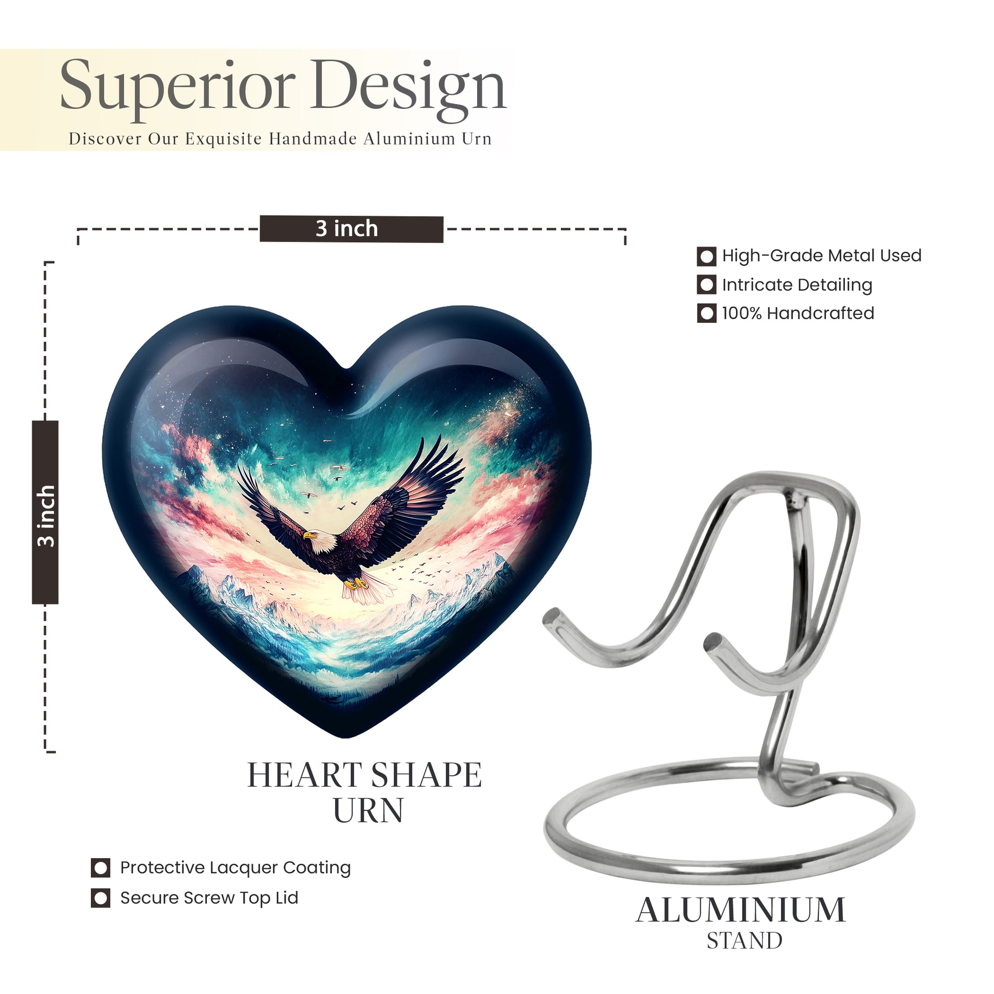 Indigo Eagle Cremation Urn front view showing detailed design - heart-shaped eagle design symbolizing eternal love - mini keepsake memorial for portion of cremation ashes