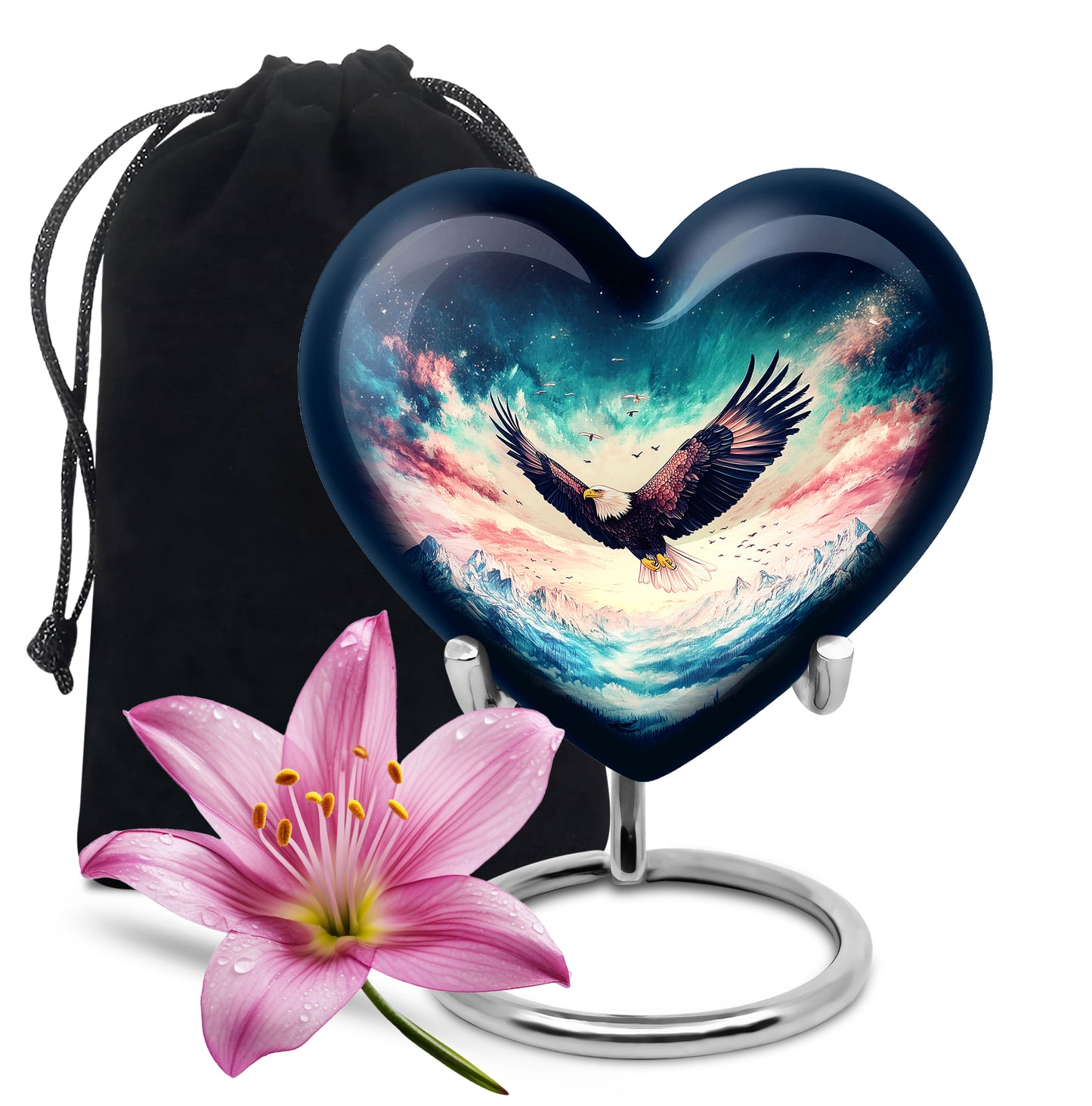 Sapphire Blue Eagle Cremation Urn detail view - romantic heart urn with eagle motif on aluminum - full-size 10 inch 200 cubic inch adult cremation urn