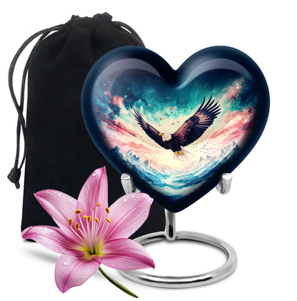 Sapphire Blue Eagle Cremation Urn detail view - romantic heart urn with eagle motif on aluminum - full-size 10 inch 200 cubic inch adult cremation urn