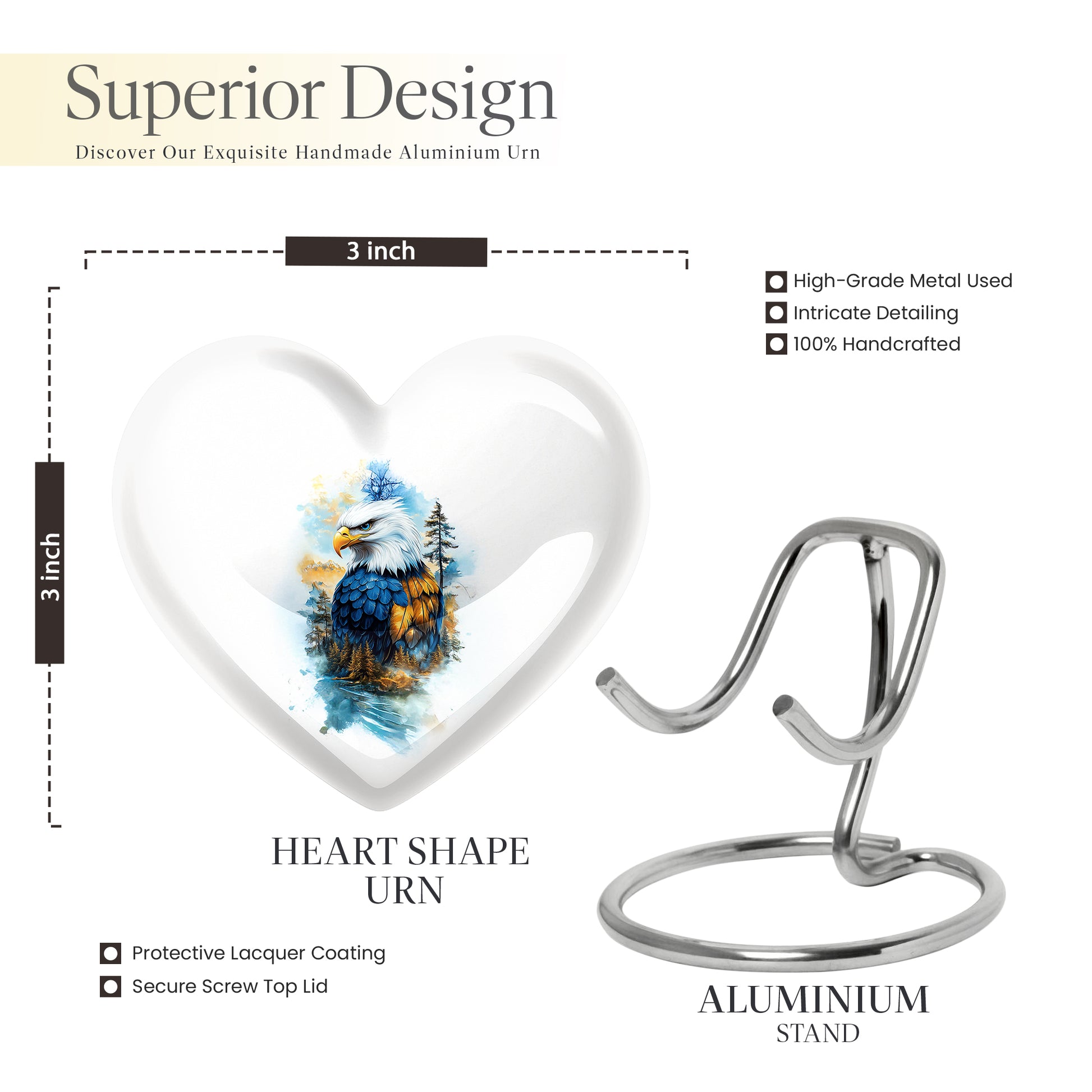 Sterling Silver Eagle Cremation Urn front view showing detailed design - heart-shaped eagle design symbolizing eternal love - mini keepsake memorial for portion of cremation ashes