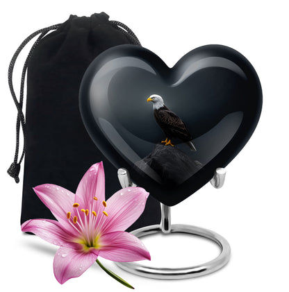 Royal Blue Eagle Cremation Urn detail view - romantic heart urn with eagle motif on aluminum - full-size 10 inch 200 cubic inch adult cremation urn