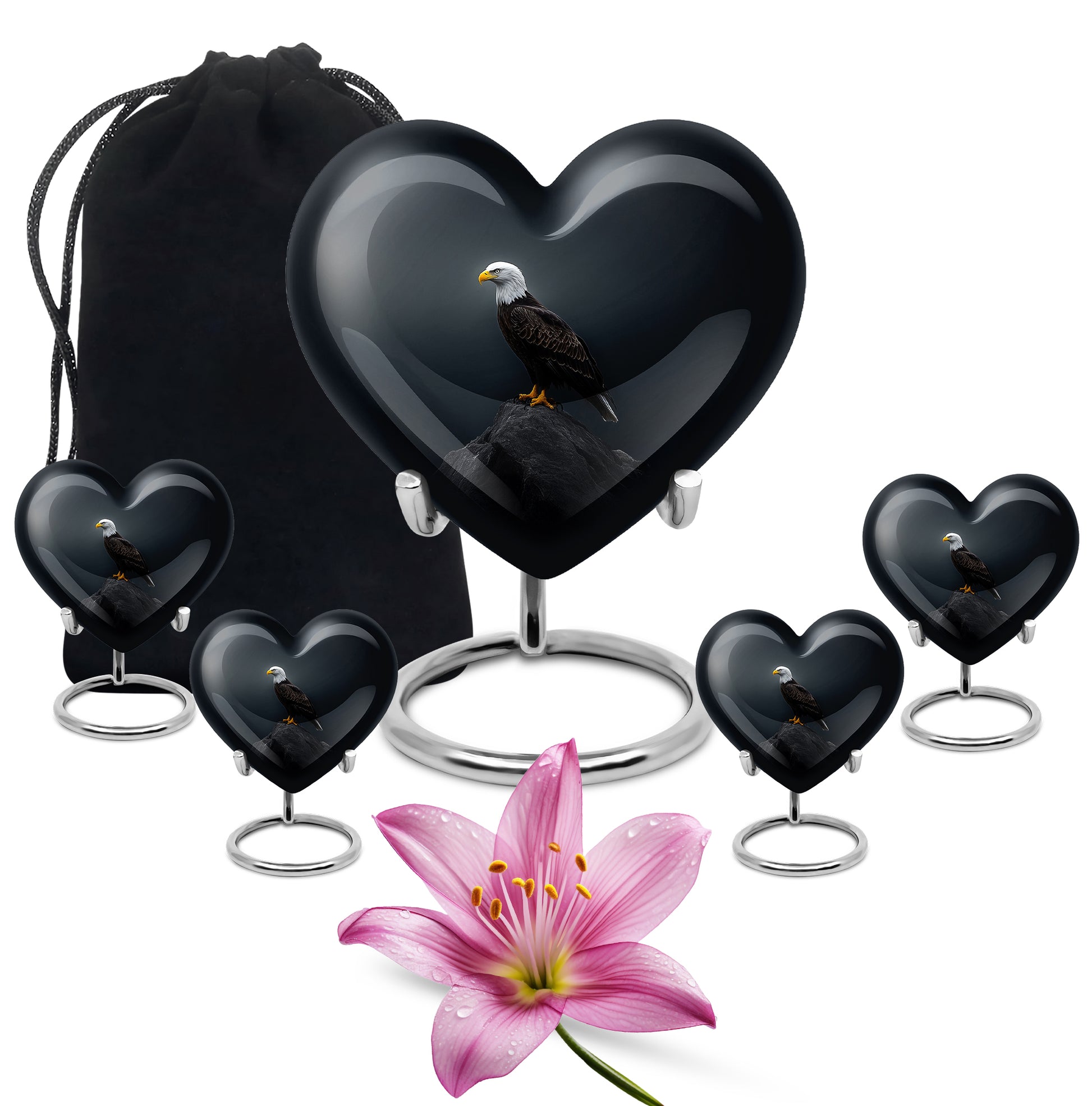 Slate Blue Eagle Cremation Urn close-up of engraving and surface detail - heart-shaped eagle design symbolizing eternal love - memorial set with one large and four small urns