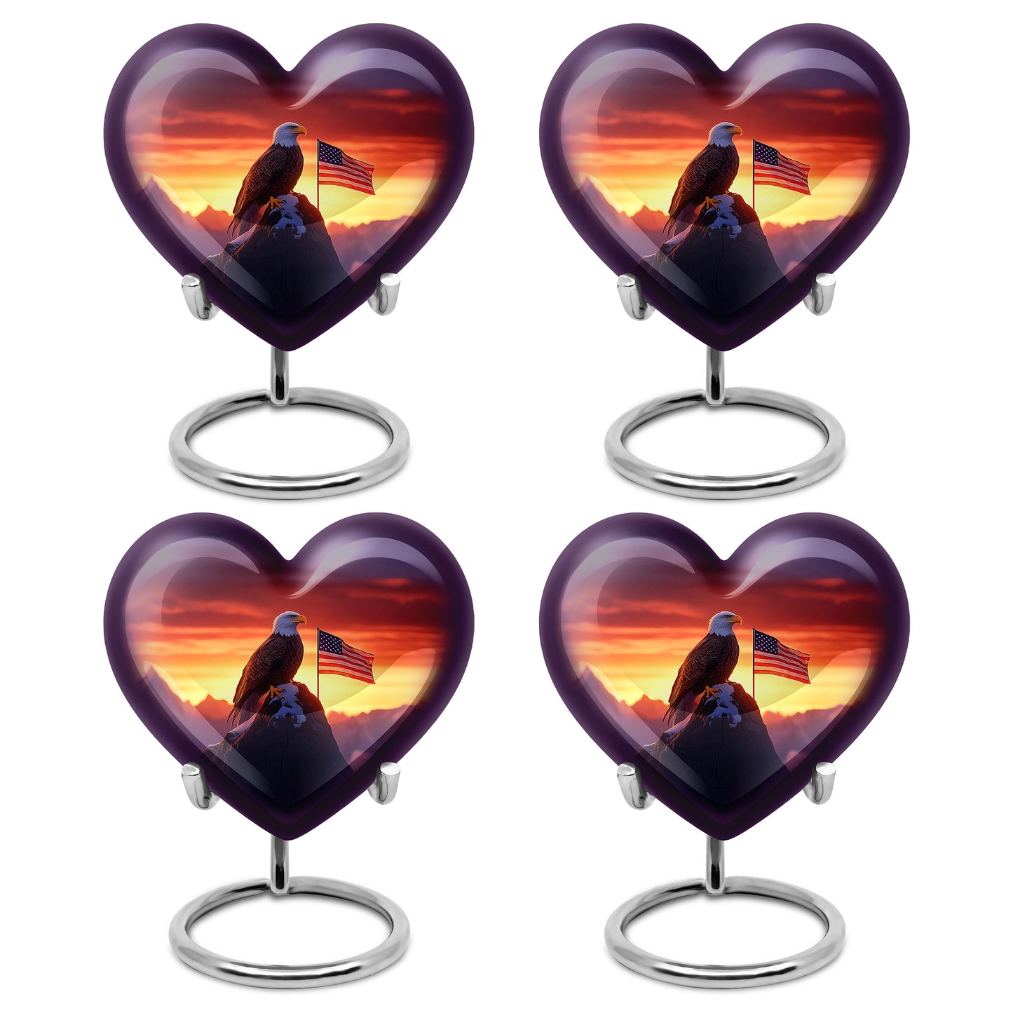 Wine Red Eagle Cremation Urn angled view of lid and engraved motif - loving heart memorial featuring eagle pattern - 10 inch aluminum urn for cremated remains