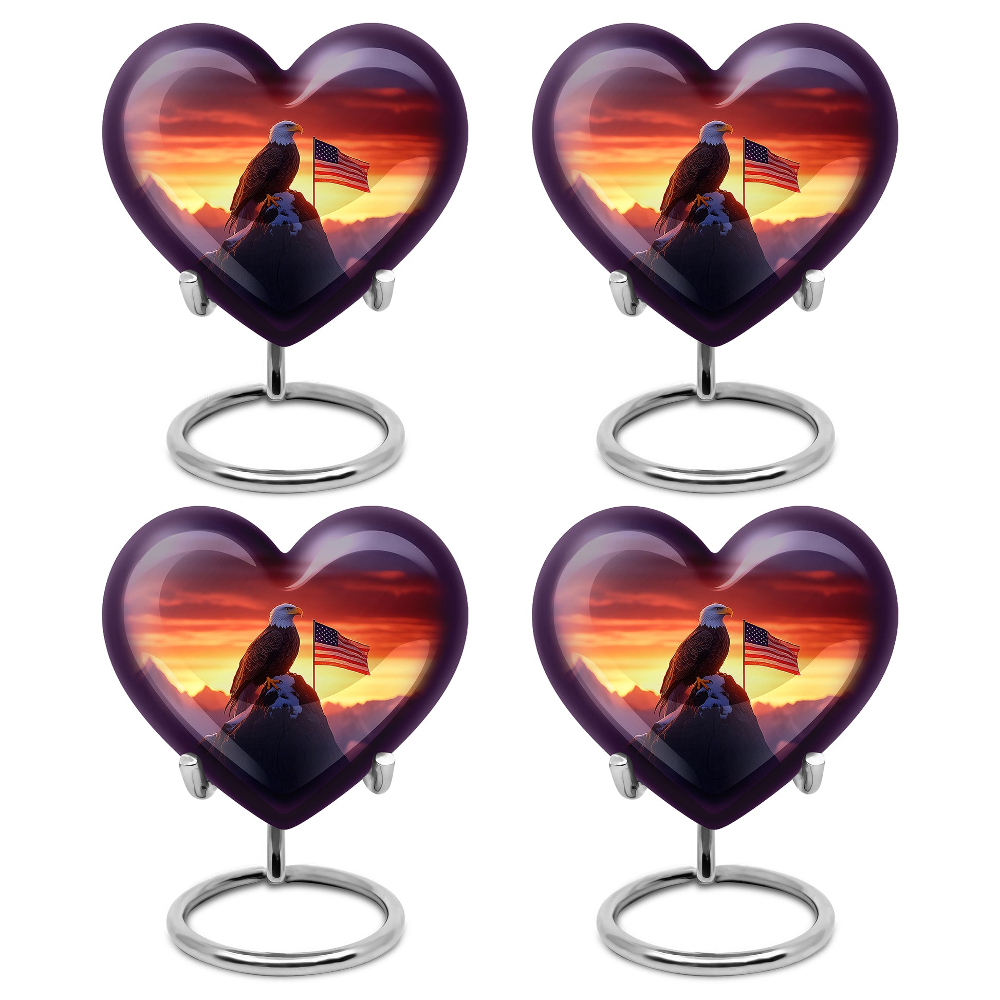 Wine Red Eagle Cremation Urn angled view of lid and engraved motif - loving heart memorial featuring eagle pattern - 10 inch aluminum urn for cremated remains