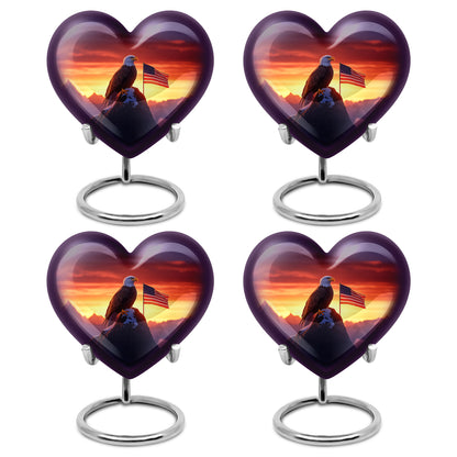 Wine Red Eagle Cremation Urn angled view of lid and engraved motif - loving heart memorial featuring eagle pattern - 10 inch aluminum urn for cremated remains