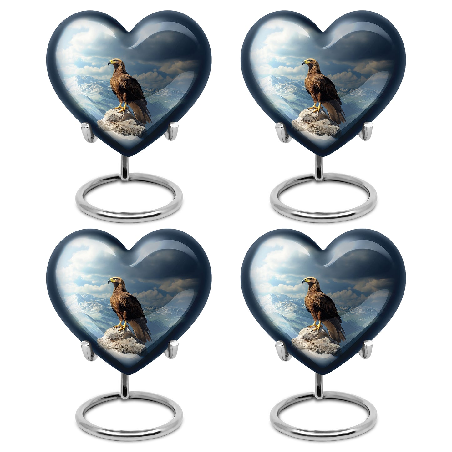 Cornflower Blue Eagle Cremation Urn angled view of lid and engraved motif - compassionate heart-eagle combination with gentle curves - 10 inch aluminum urn for cremated remains