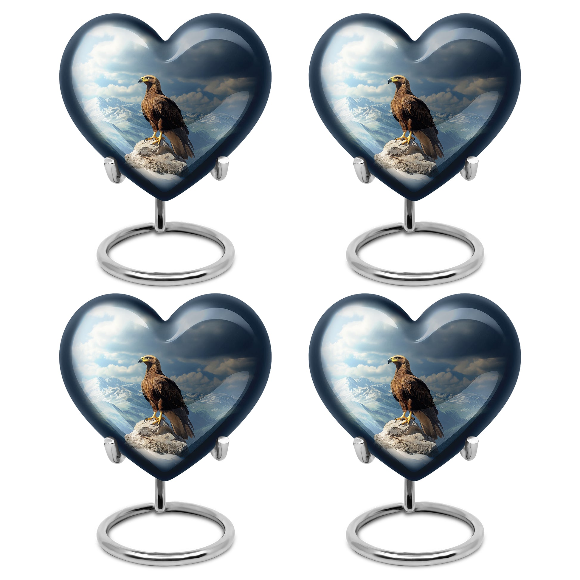 Cornflower Blue Eagle Cremation Urn angled view of lid and engraved motif - compassionate heart-eagle combination with gentle curves - 10 inch aluminum urn for cremated remains