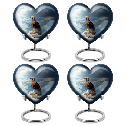 Cornflower Blue Eagle Cremation Urn angled view of lid and engraved motif - compassionate heart-eagle combination with gentle curves - 10 inch aluminum urn for cremated remains