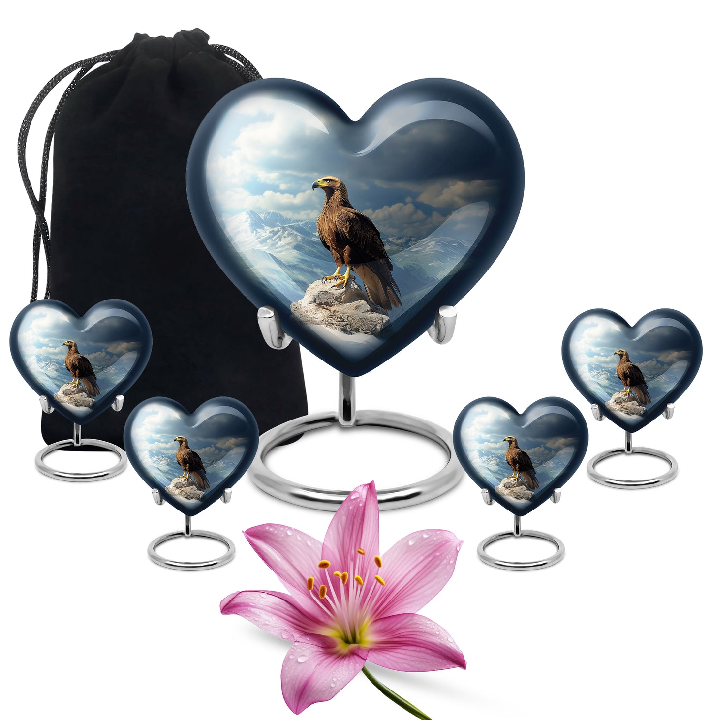 Azure Eagle Cremation Urn close-up of engraving and surface detail - loving heart memorial featuring eagle pattern - memorial set with one large and four small urns