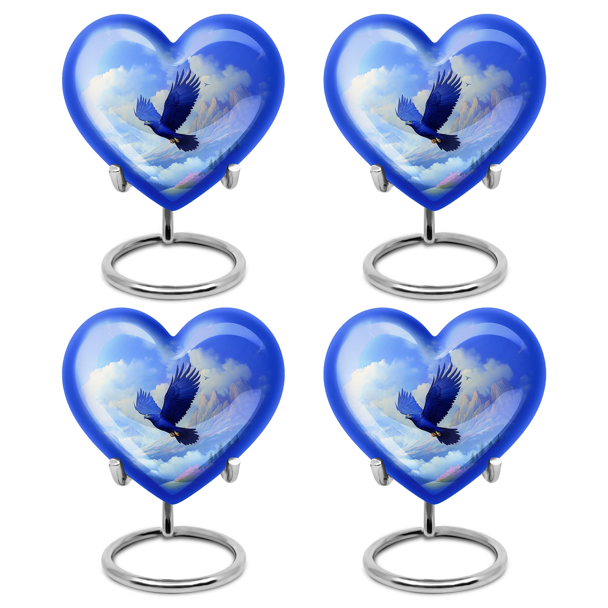 Icy Blue Eagle Cremation Urn angled view of lid and engraved motif - loving heart memorial featuring eagle pattern - 10 inch aluminum urn for cremated remains