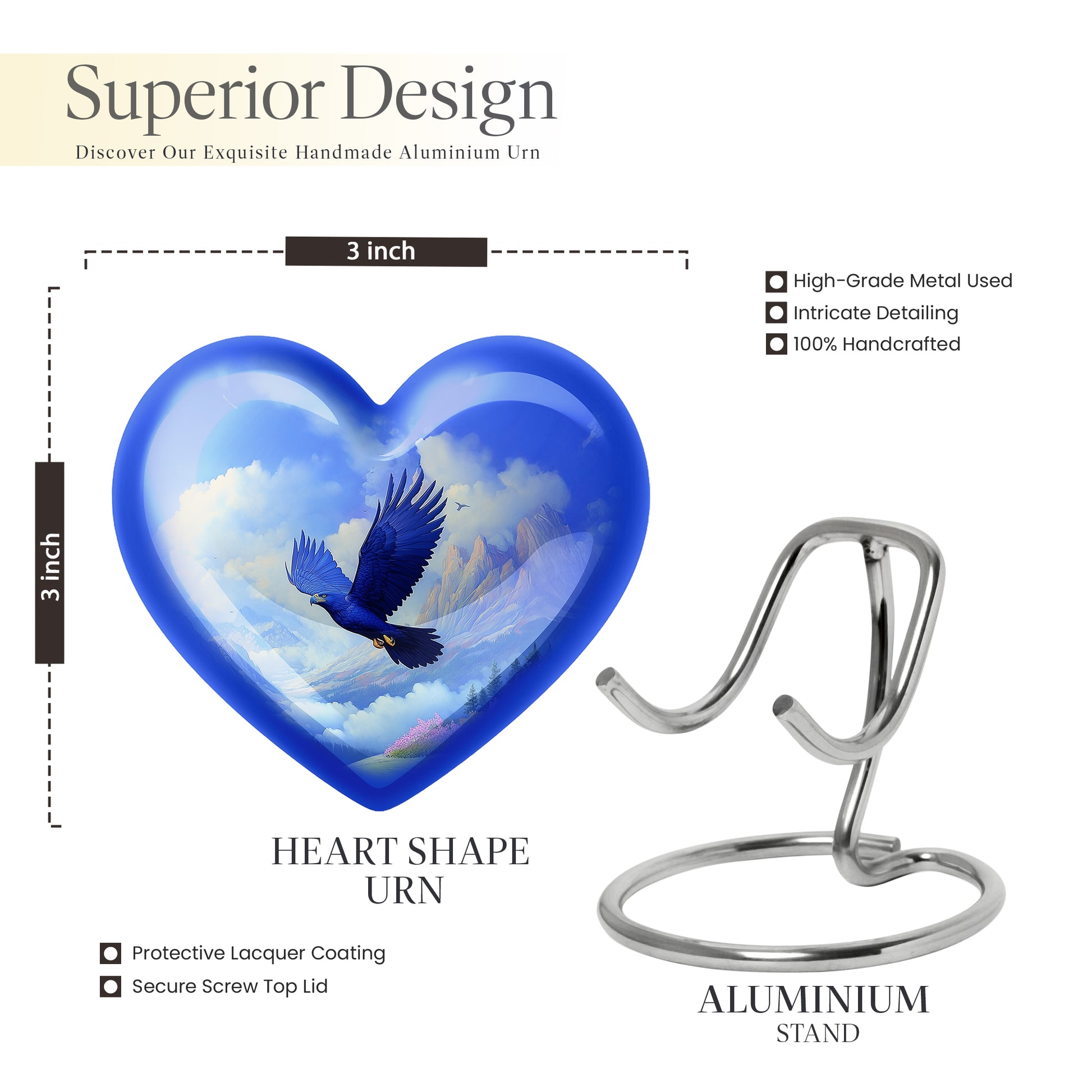 Cobalt Blue Eagle Cremation Urn front view showing detailed design - romantic heart urn with eagle motif on aluminum - mini keepsake memorial for portion of cremation ashes