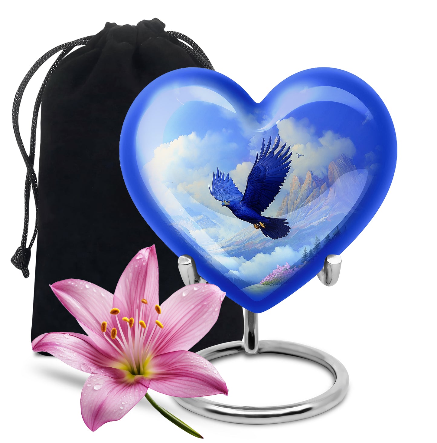 Bright Blue Eagle Cremation Urn detail view - compassionate heart-eagle combination with gentle curves - full-size 10 inch 200 cubic inch adult cremation urn