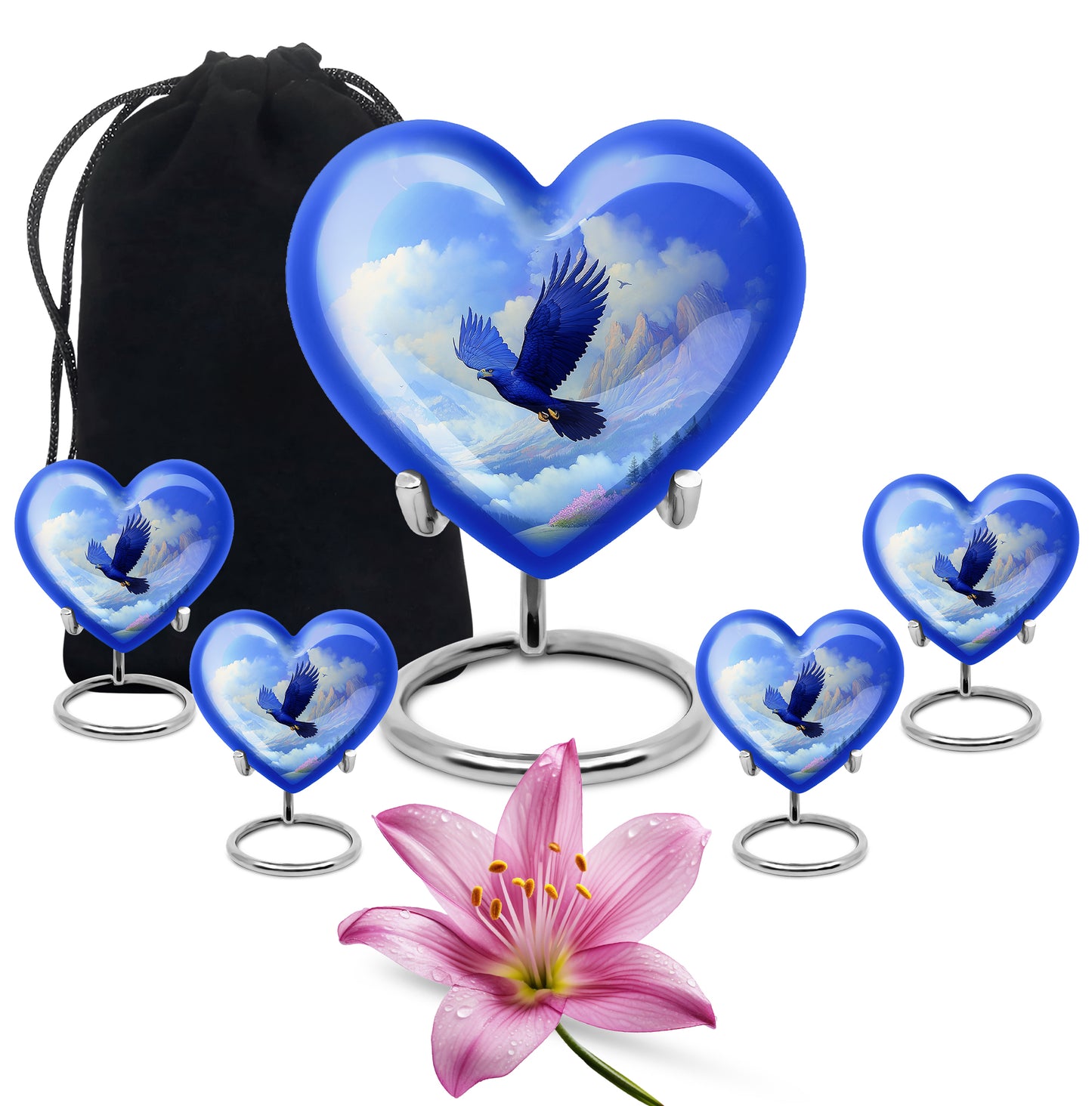 Royal Blue Eagle Cremation Urn close-up of engraving and surface detail - romantic heart urn with eagle motif on aluminum - memorial set with one large and four small urns