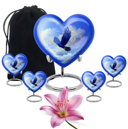 Royal Blue Eagle Cremation Urn close-up of engraving and surface detail - romantic heart urn with eagle motif on aluminum - memorial set with one large and four small urns