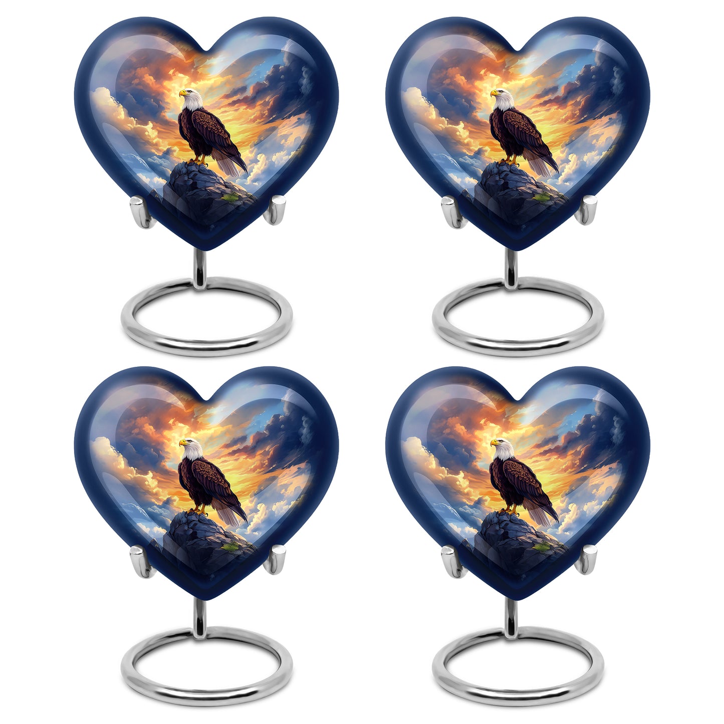 Cornflower Blue Eagle Cremation Urn angled view of lid and engraved motif - romantic heart urn with eagle motif on aluminum - 10 inch aluminum urn for cremated remains