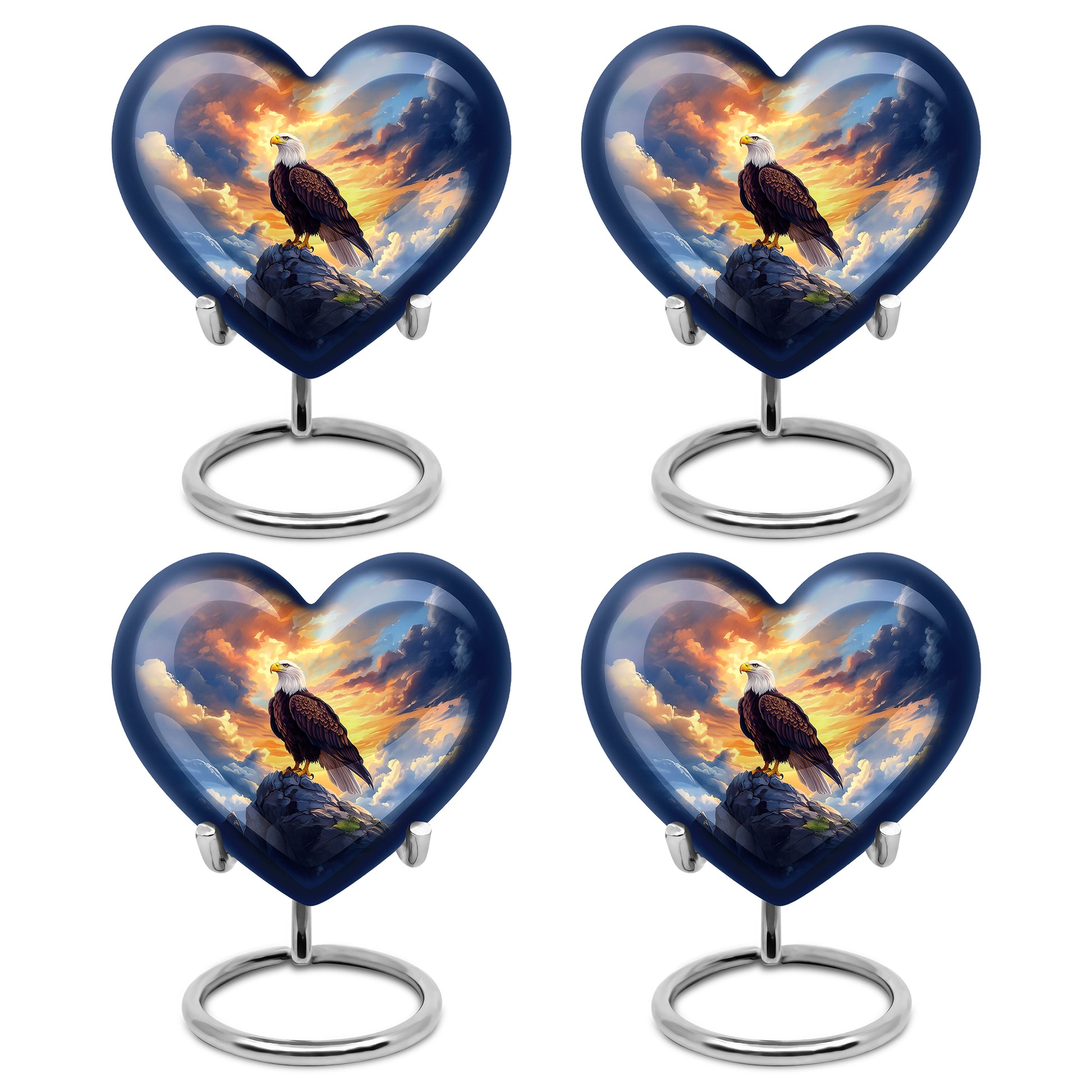 Cornflower Blue Eagle Cremation Urn angled view of lid and engraved motif - romantic heart urn with eagle motif on aluminum - 10 inch aluminum urn for cremated remains