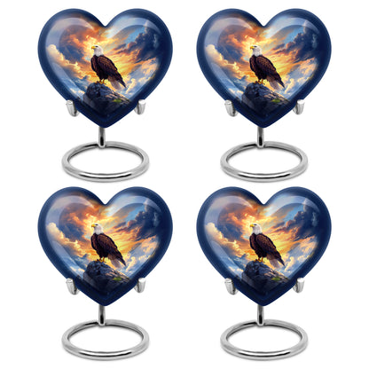 Cornflower Blue Eagle Cremation Urn angled view of lid and engraved motif - romantic heart urn with eagle motif on aluminum - 10 inch aluminum urn for cremated remains