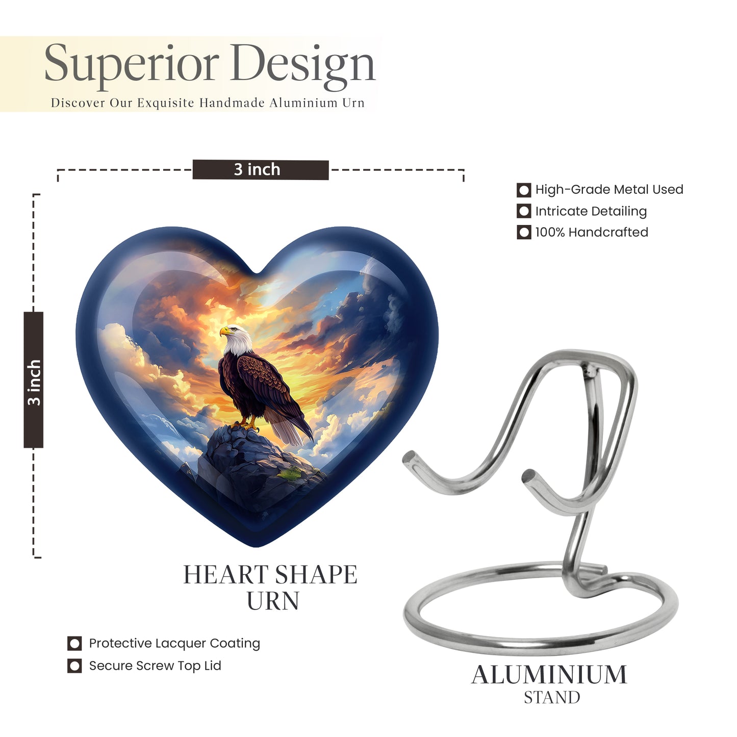 Misty Blue Eagle Cremation Urn front view showing detailed design - heart-shaped eagle design symbolizing eternal love - mini keepsake memorial for portion of cremation ashes