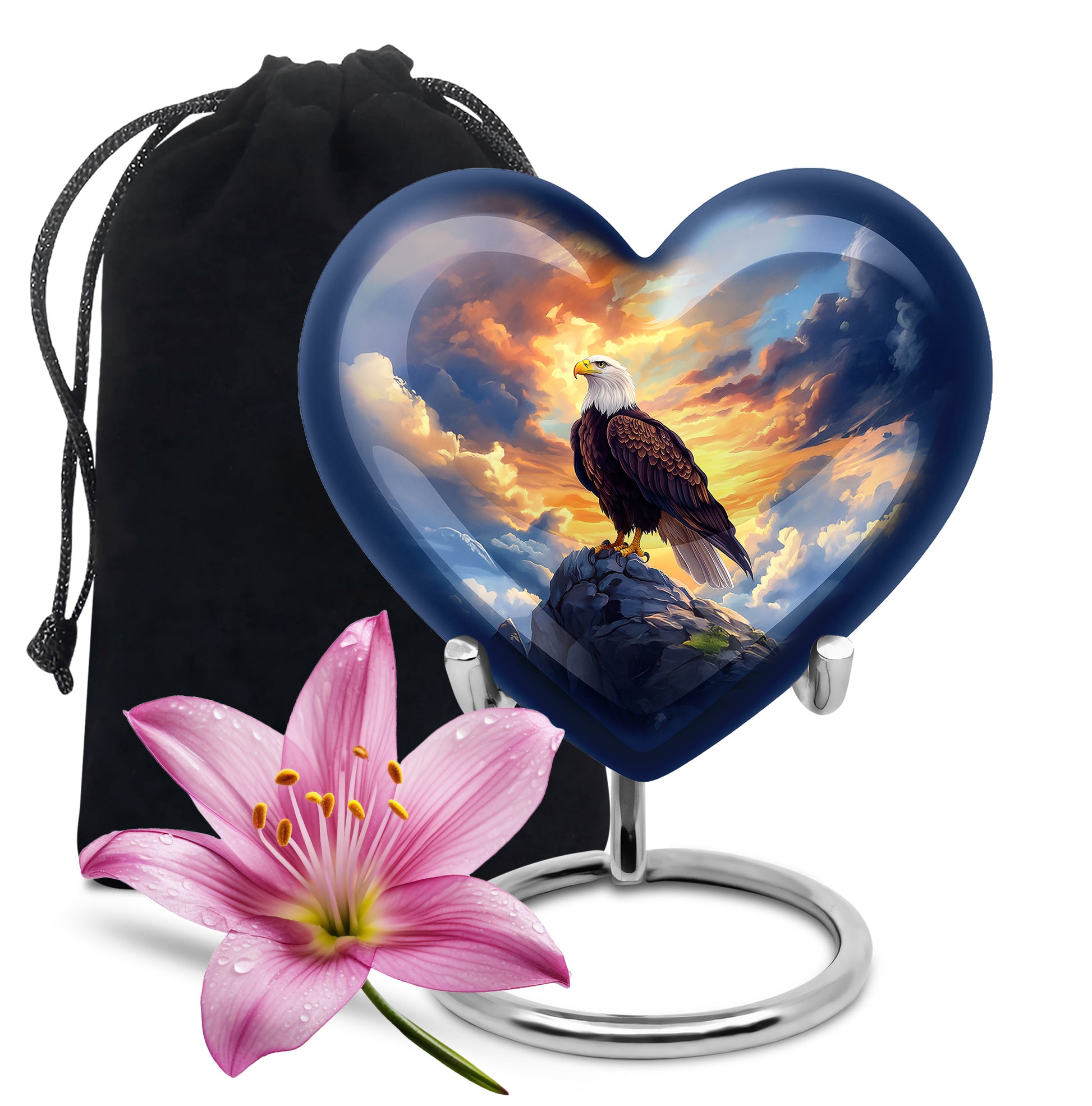 Bright Blue Eagle Cremation Urn detail view - compassionate heart-eagle combination with gentle curves - full-size 10 inch 200 cubic inch adult cremation urn
