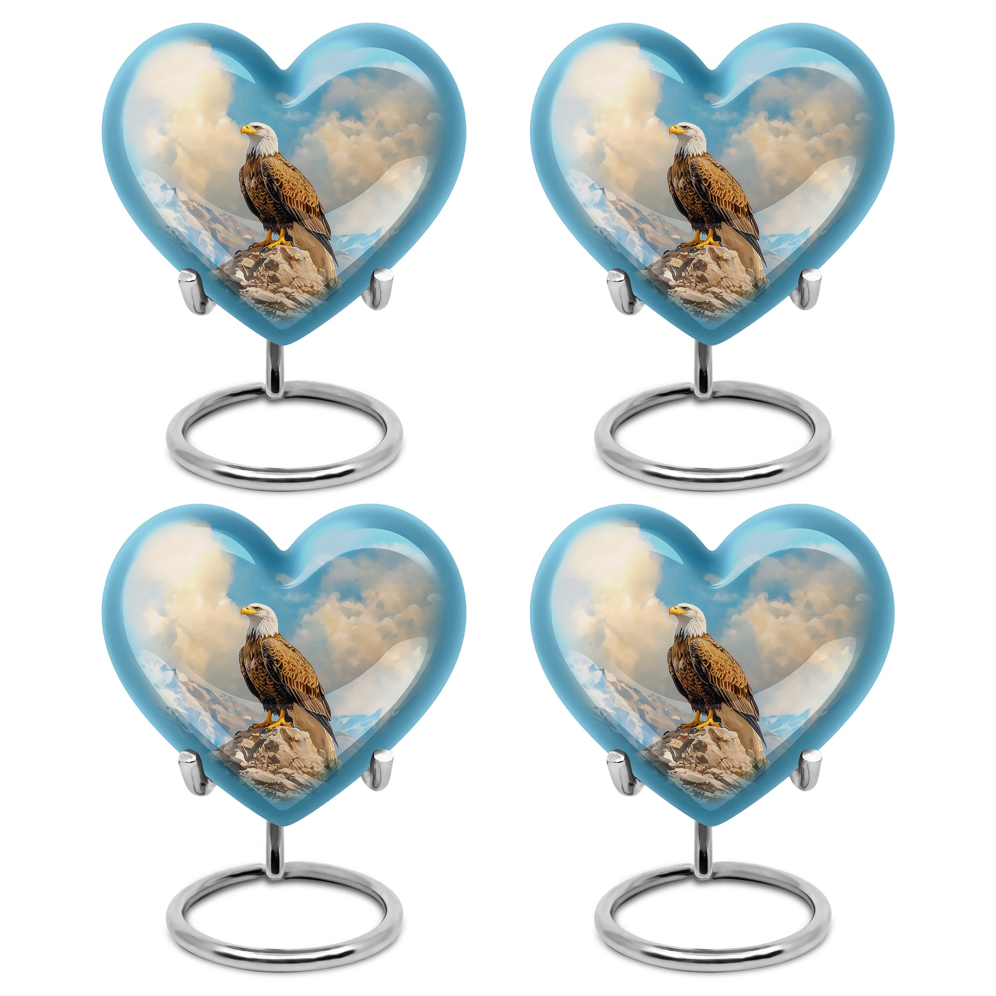 Serene Blue Eagle Cremation Urn angled view of lid and engraved motif - romantic heart urn with eagle motif on aluminum - 10 inch aluminum urn for cremated remains