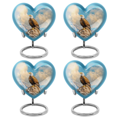 Serene Blue Eagle Cremation Urn angled view of lid and engraved motif - romantic heart urn with eagle motif on aluminum - 10 inch aluminum urn for cremated remains