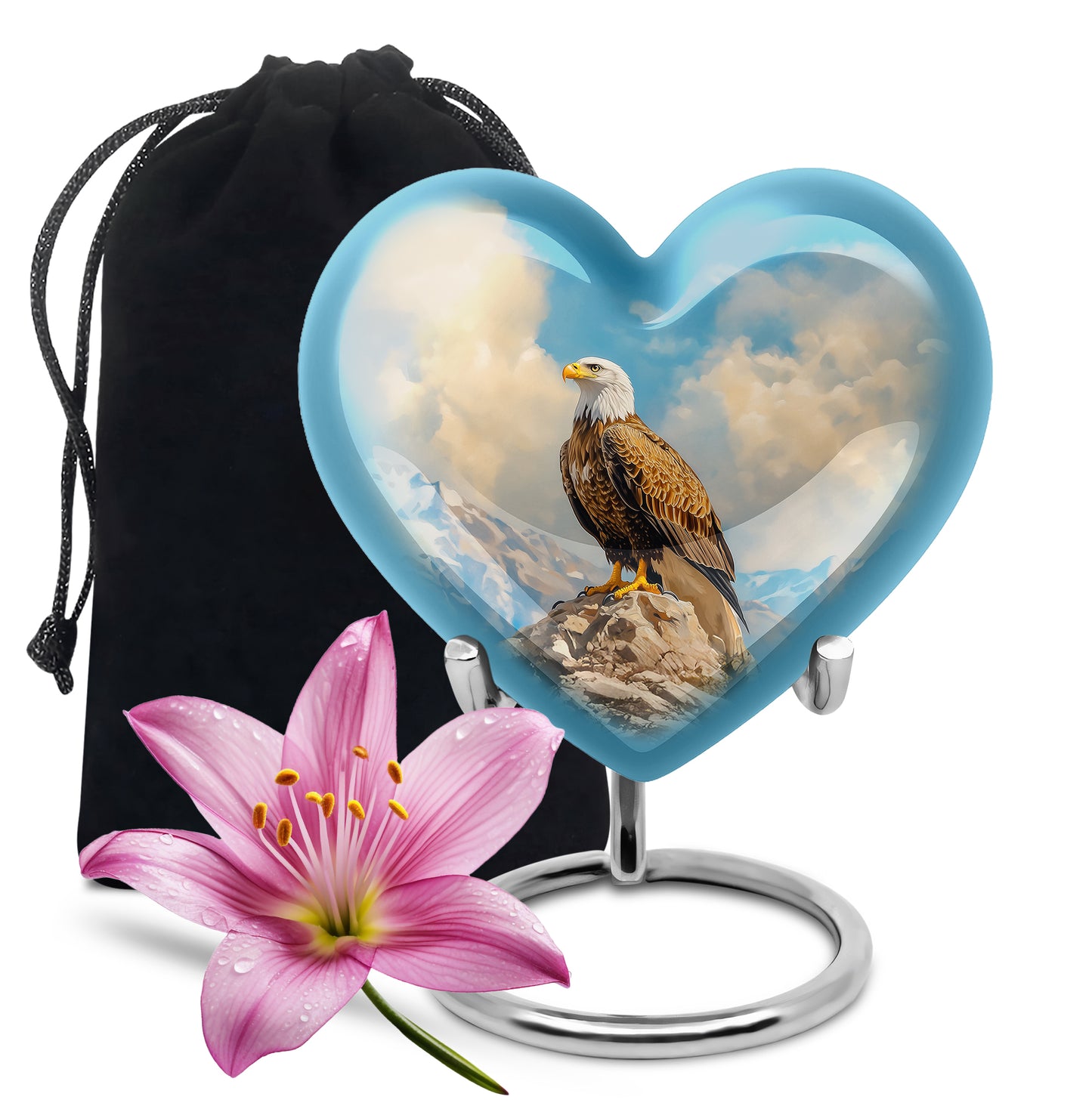 Vivid Blue Eagle Cremation Urn detail view - romantic heart urn with eagle motif on aluminum - full-size 10 inch 200 cubic inch adult cremation urn