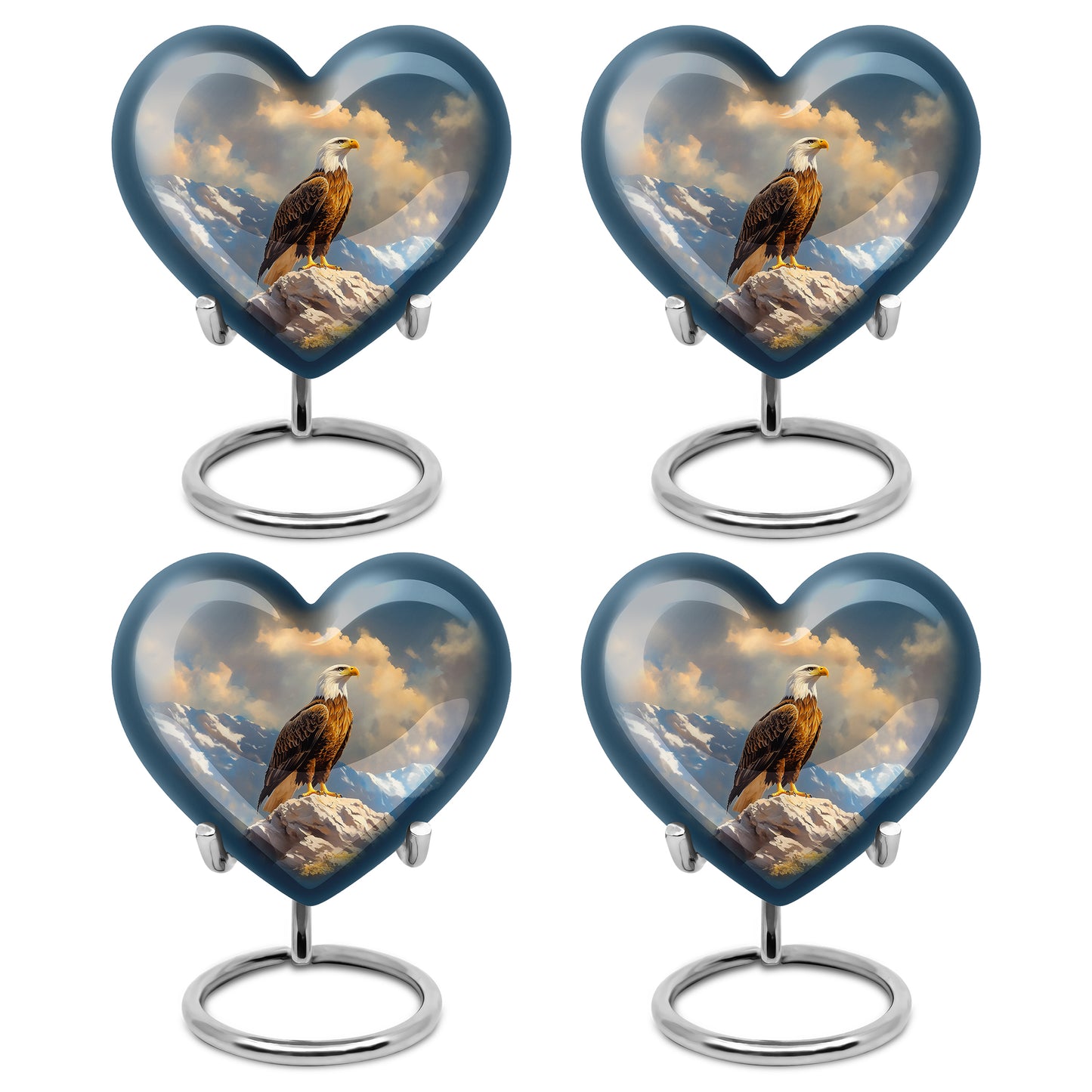 Cobalt Blue Eagle Cremation Urn angled view of lid and engraved motif - compassionate heart-eagle combination with gentle curves - 10 inch aluminum urn for cremated remains