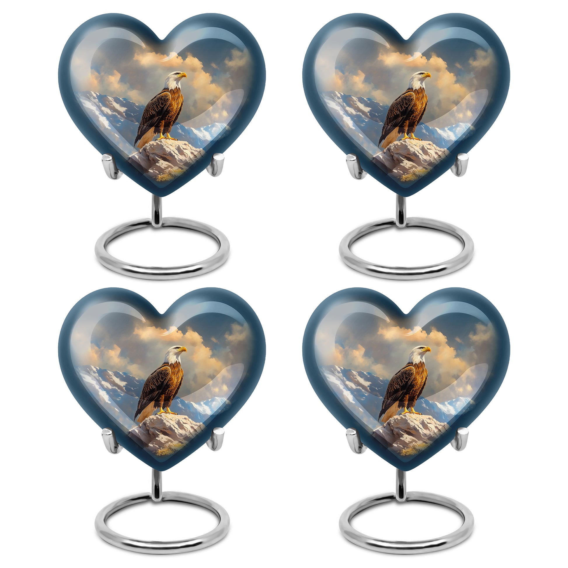 Cobalt Blue Eagle Cremation Urn angled view of lid and engraved motif - compassionate heart-eagle combination with gentle curves - 10 inch aluminum urn for cremated remains