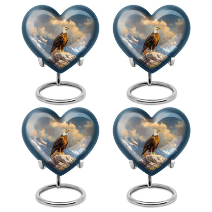 Cobalt Blue Eagle Cremation Urn angled view of lid and engraved motif - compassionate heart-eagle combination with gentle curves - 10 inch aluminum urn for cremated remains