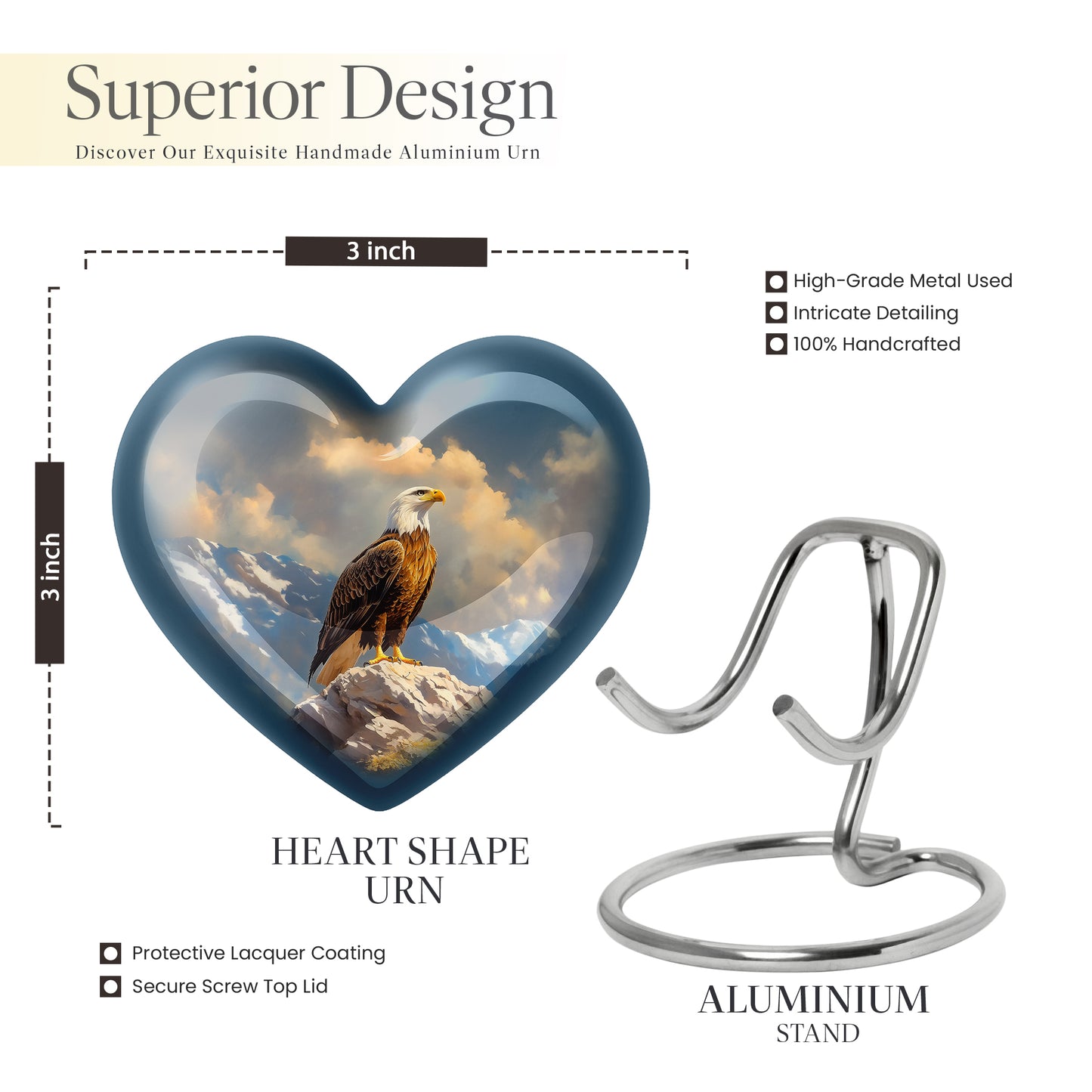 Bright Blue Eagle Cremation Urn front view showing detailed design - romantic heart urn with eagle motif on aluminum - mini keepsake memorial for portion of cremation ashes