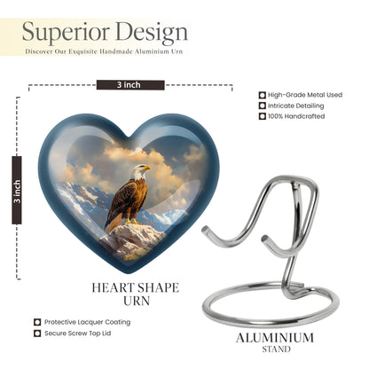 Bright Blue Eagle Cremation Urn front view showing detailed design - romantic heart urn with eagle motif on aluminum - mini keepsake memorial for portion of cremation ashes