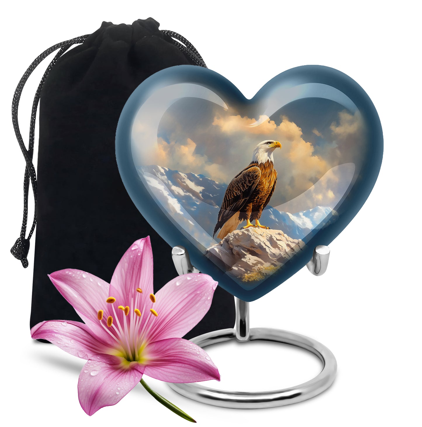Icy Blue Eagle Cremation Urn detail view - heart-shaped eagle design symbolizing eternal love - full-size 10 inch 200 cubic inch adult cremation urn