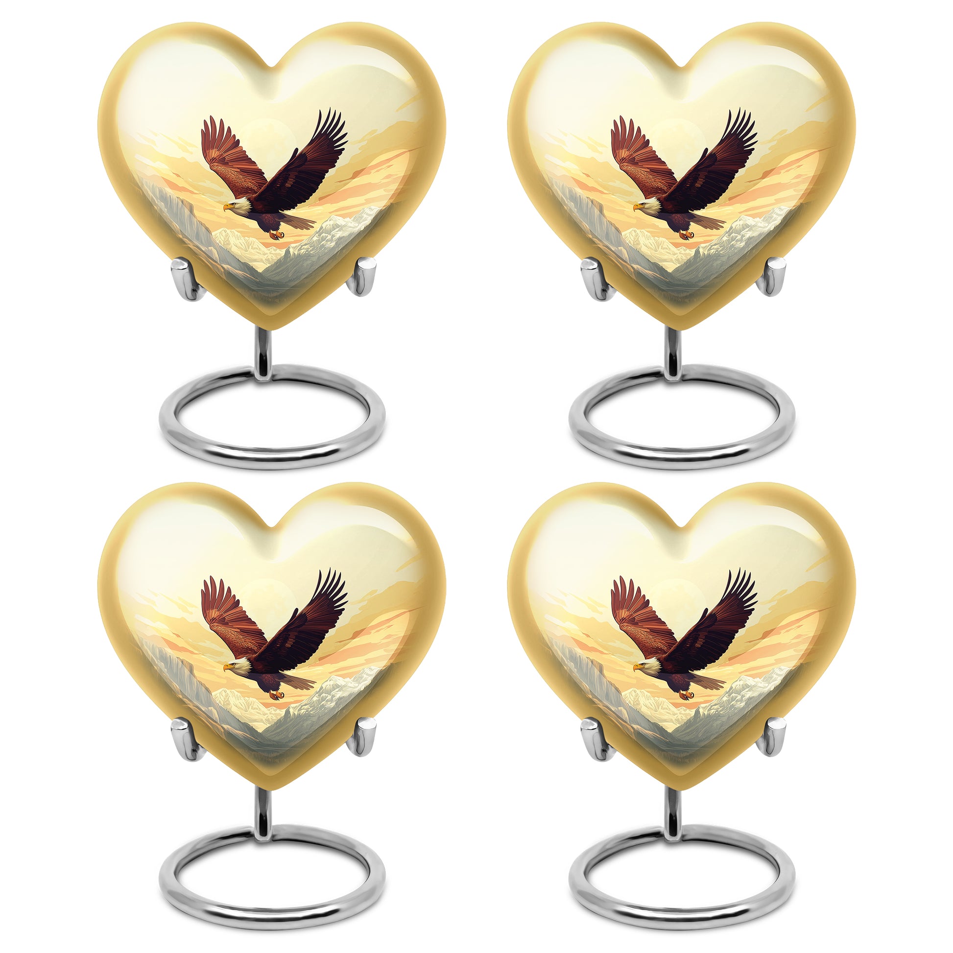 Antique Gold Eagle Cremation Urn angled view of lid and engraved motif - loving heart memorial featuring eagle pattern - 10 inch aluminum urn for cremated remains