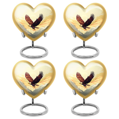 Antique Gold Eagle Cremation Urn angled view of lid and engraved motif - loving heart memorial featuring eagle pattern - 10 inch aluminum urn for cremated remains