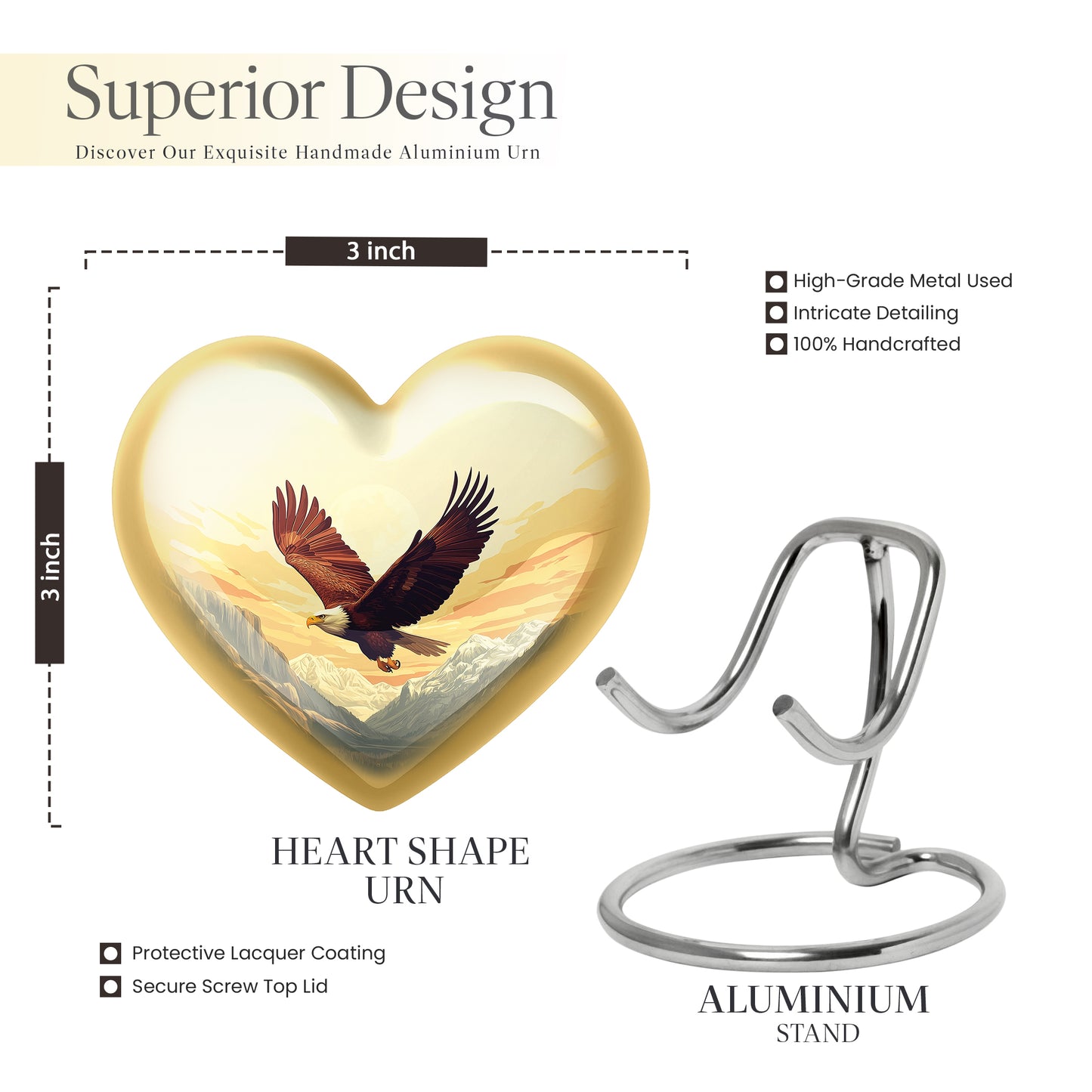 Matte Gold Eagle Cremation Urn front view showing detailed design - romantic heart urn with eagle motif on aluminum - mini keepsake memorial for portion of cremation ashes