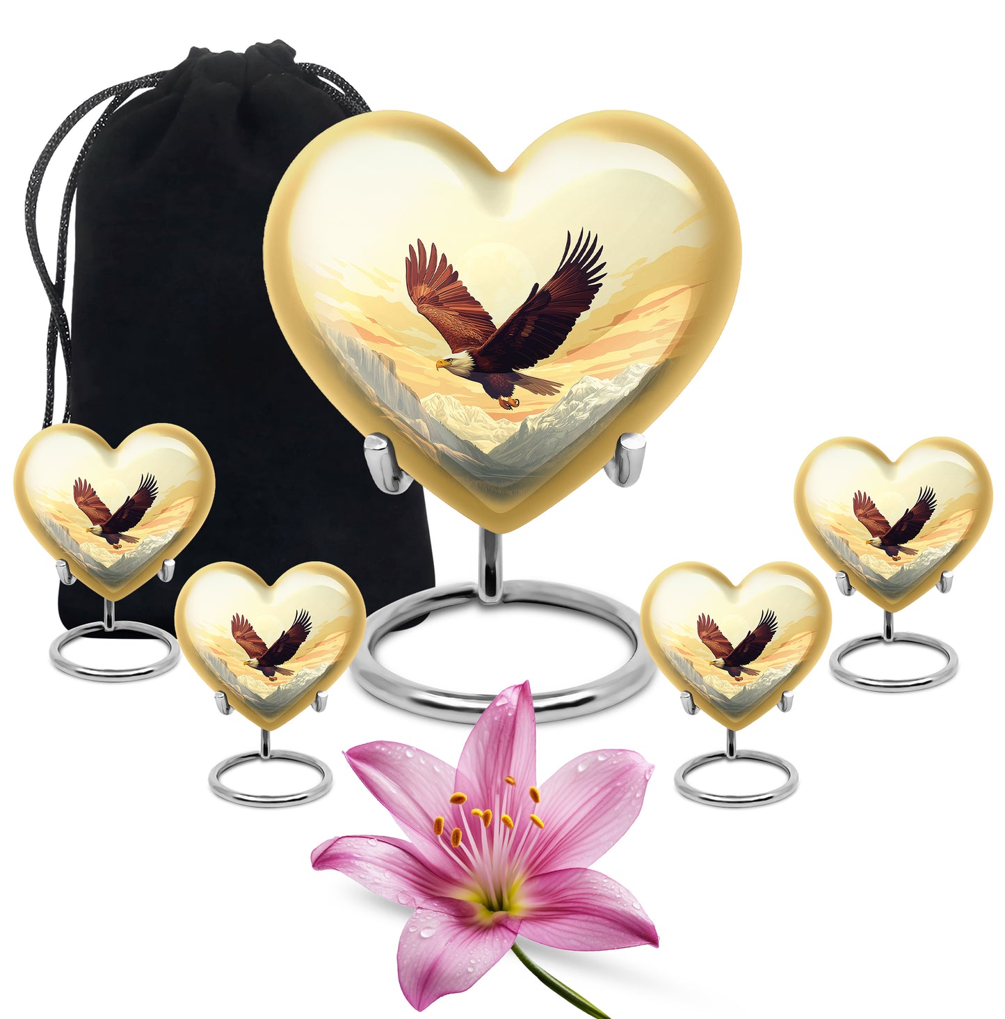 Warm Gold Eagle Cremation Urn close-up of engraving and surface detail - romantic heart urn with eagle motif on aluminum - memorial set with one large and four small urns
