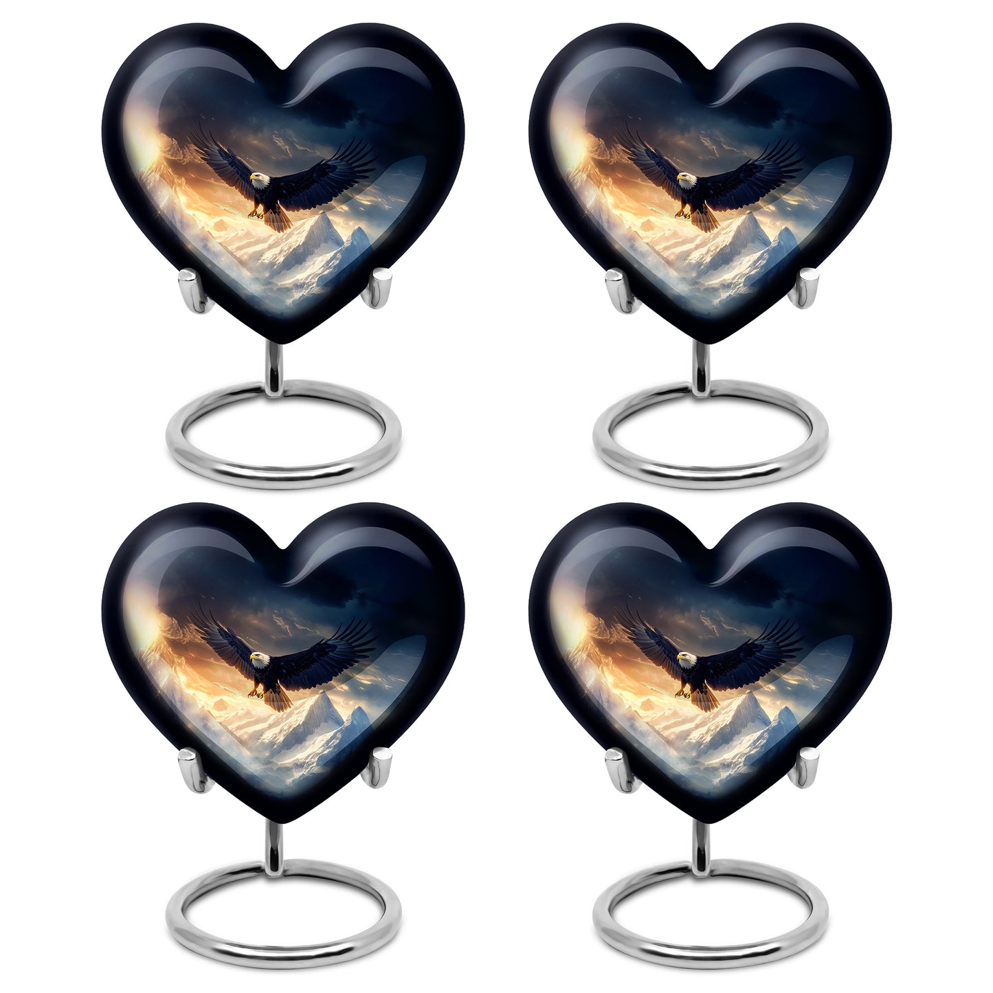 Celestial Blue Eagle Cremation Urn angled view of lid and engraved motif - heart-shaped eagle design symbolizing eternal love - 10 inch aluminum urn for cremated remains